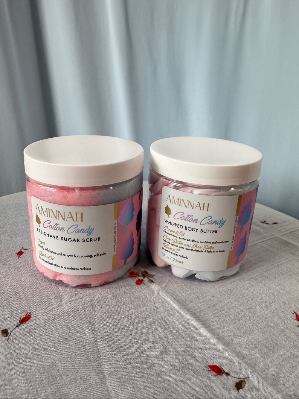 AMINNAH Cotton Candy Whipped Body Butter and Pre-Shave Sugar Scrub NWT Sealed